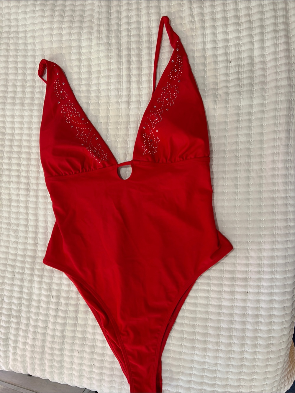 No Boundaries Red Swim Top with Embellished Plunge Neck